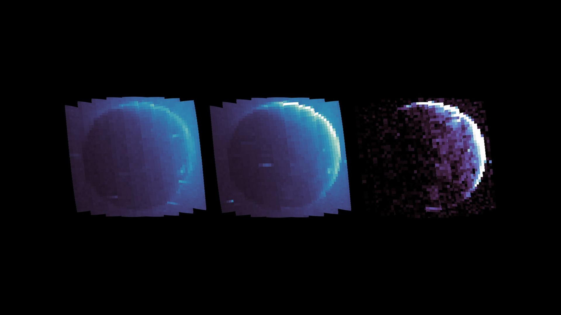MAVEN&rsquo;s Imaging Ultraviolet Spectrograph observes the atmosphere of Mars, making images of neutral hydrogen and proton aurora simultaneously (left). Observations under normal conditions show hydrogen on the disk and in the extended atmosphere of the planet from a vantage point on the nightside (middle). Proton aurora is visible as a significant brightening on the limb and disk (right).