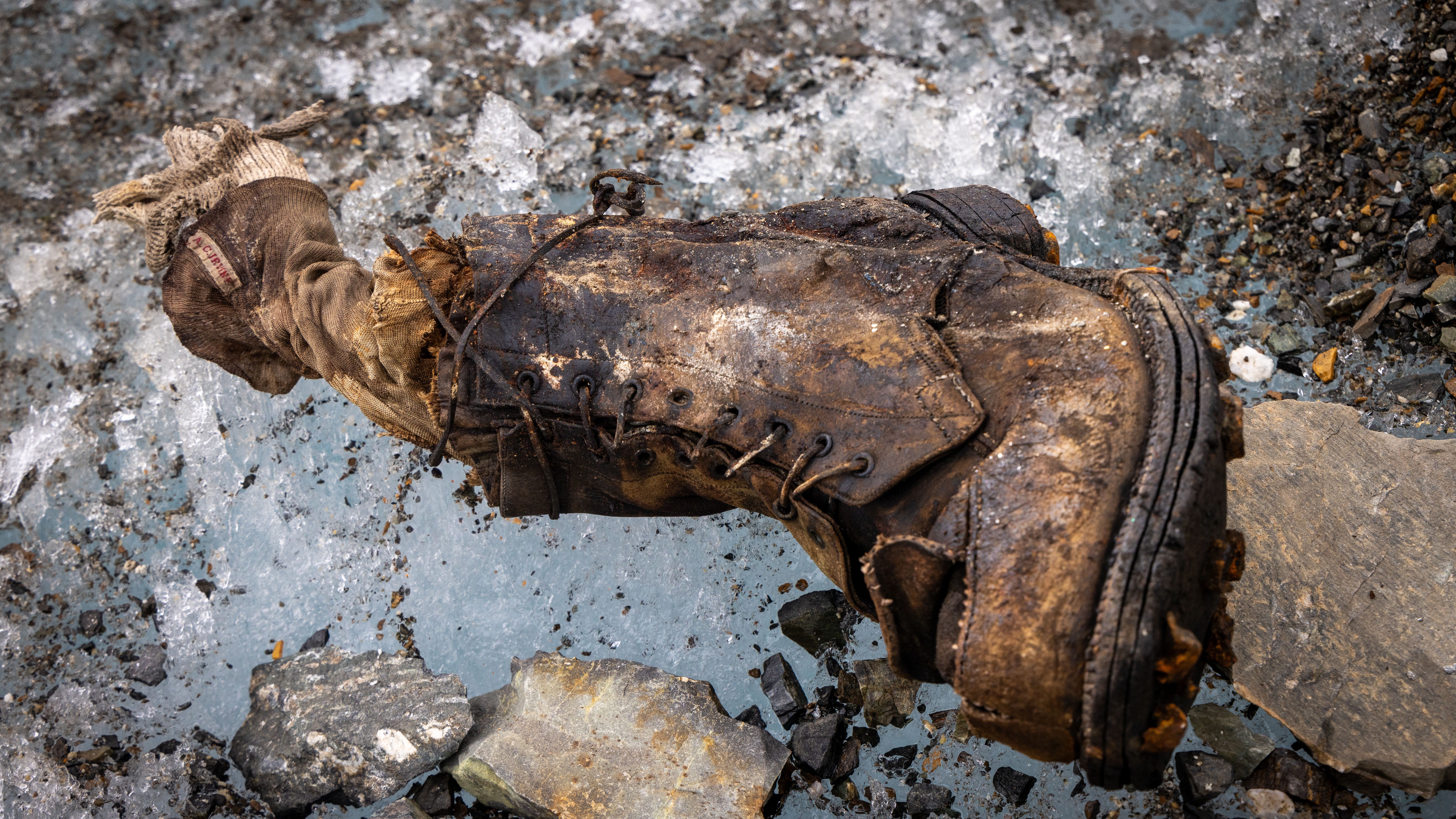 The boot containing a sock bearing Irvine�s name and the remains of a foot.
