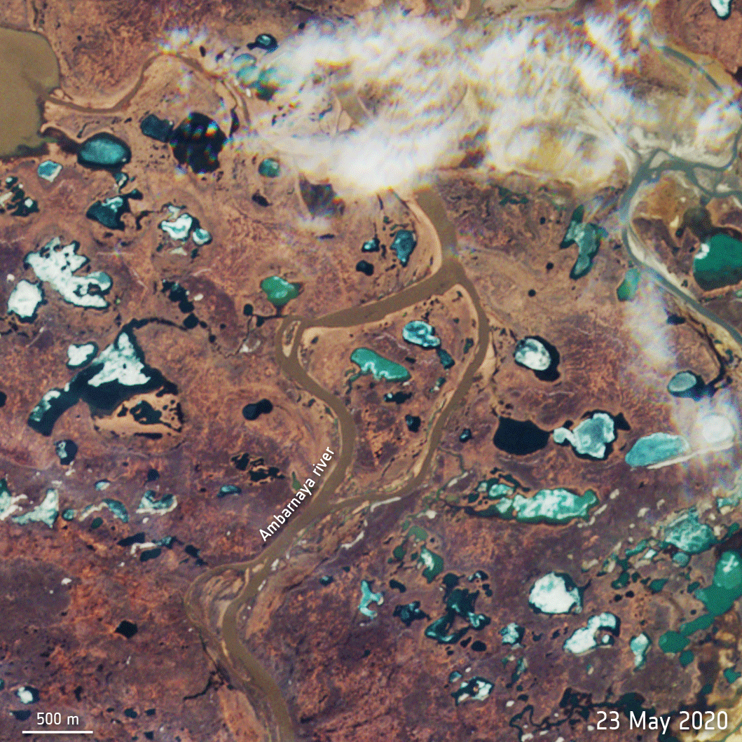 An image taken from space of an oil spill in the Arctic Circle. Oil is depicted in this animation (shown in red) traveling in the Ambarnaya River on May 31 and June 1.