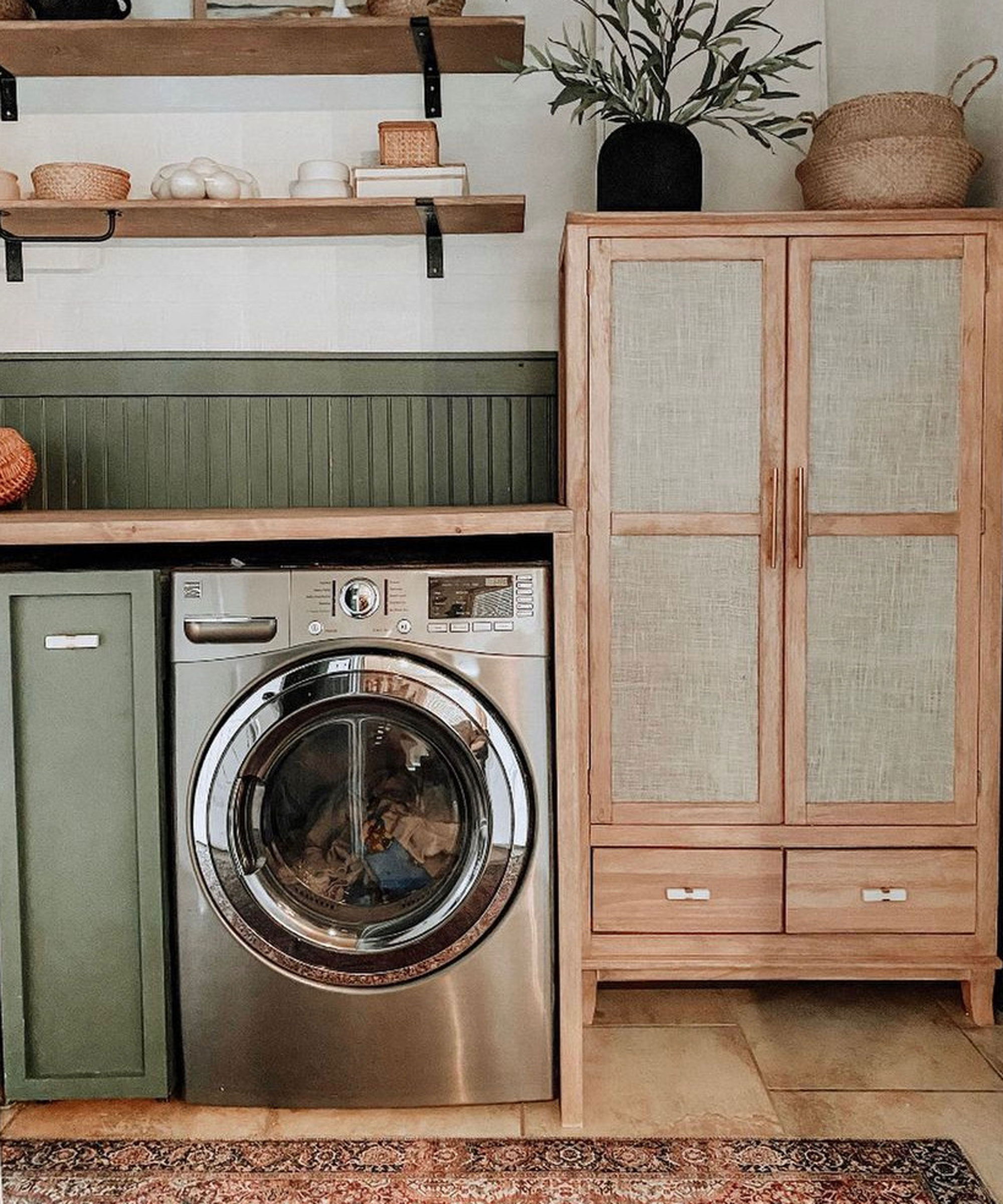 A DIYer transformed her laundry room with beadboard and a faux brick