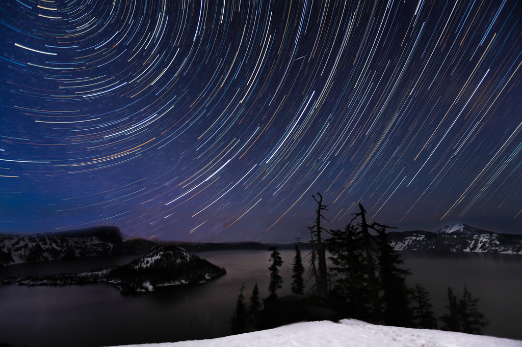 Star trails over Crater Lake, Oregon.