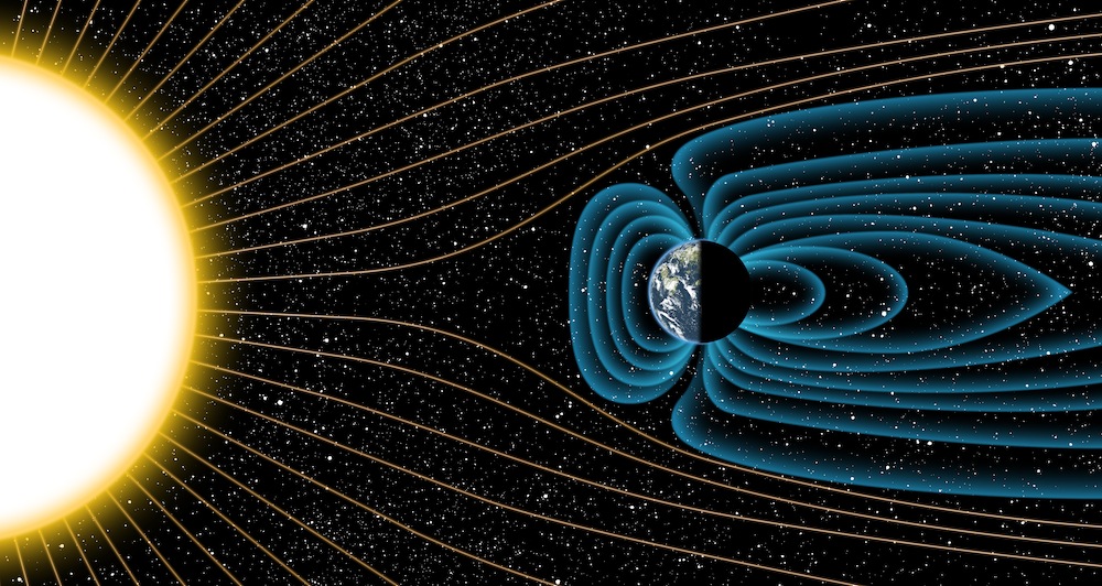 An illustration of how Earth&rsquo;s magnetic field protects the planet from solar radiation.