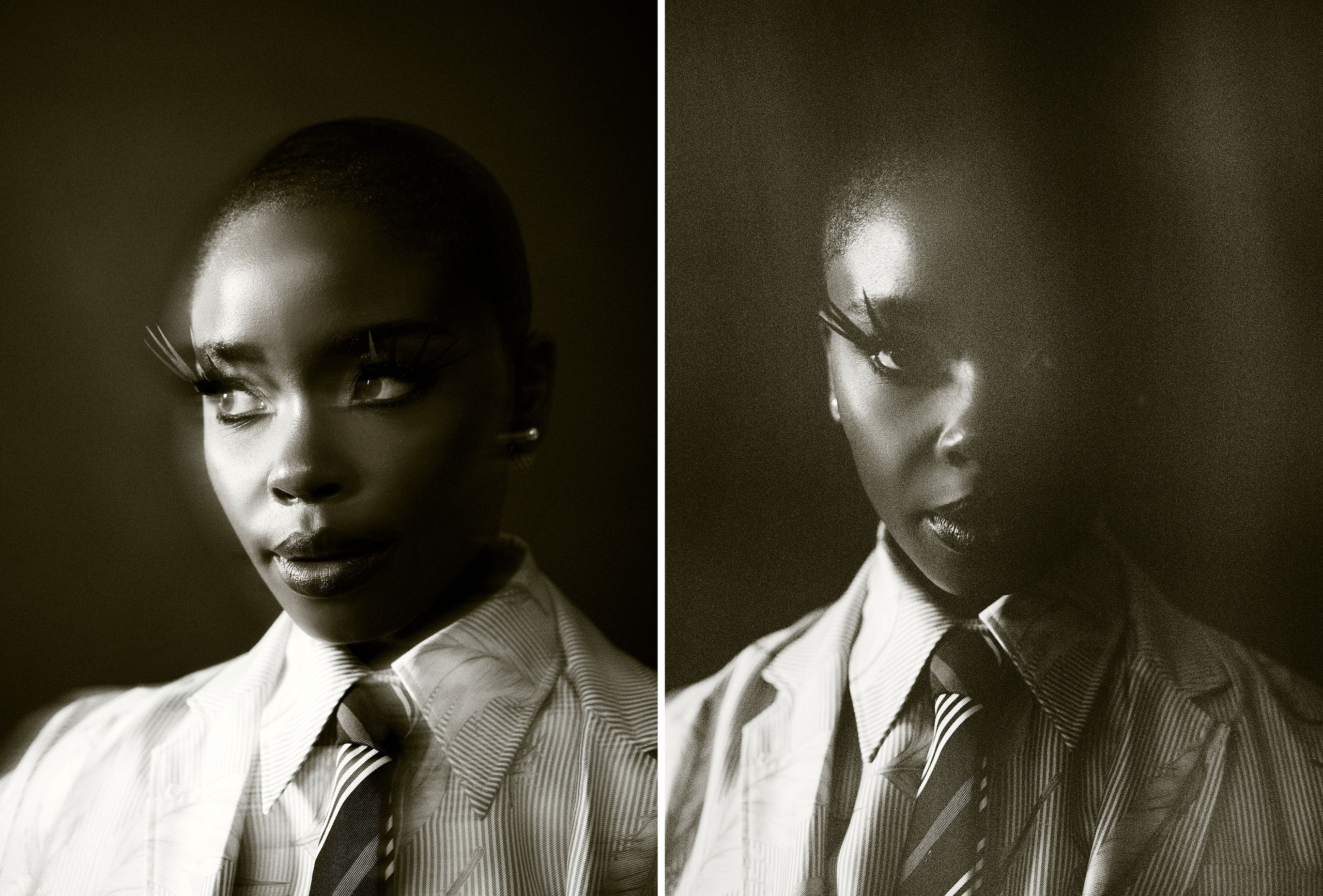 Black and white photos of Joy Sunday wearing a feather-print Thom Browne suit.