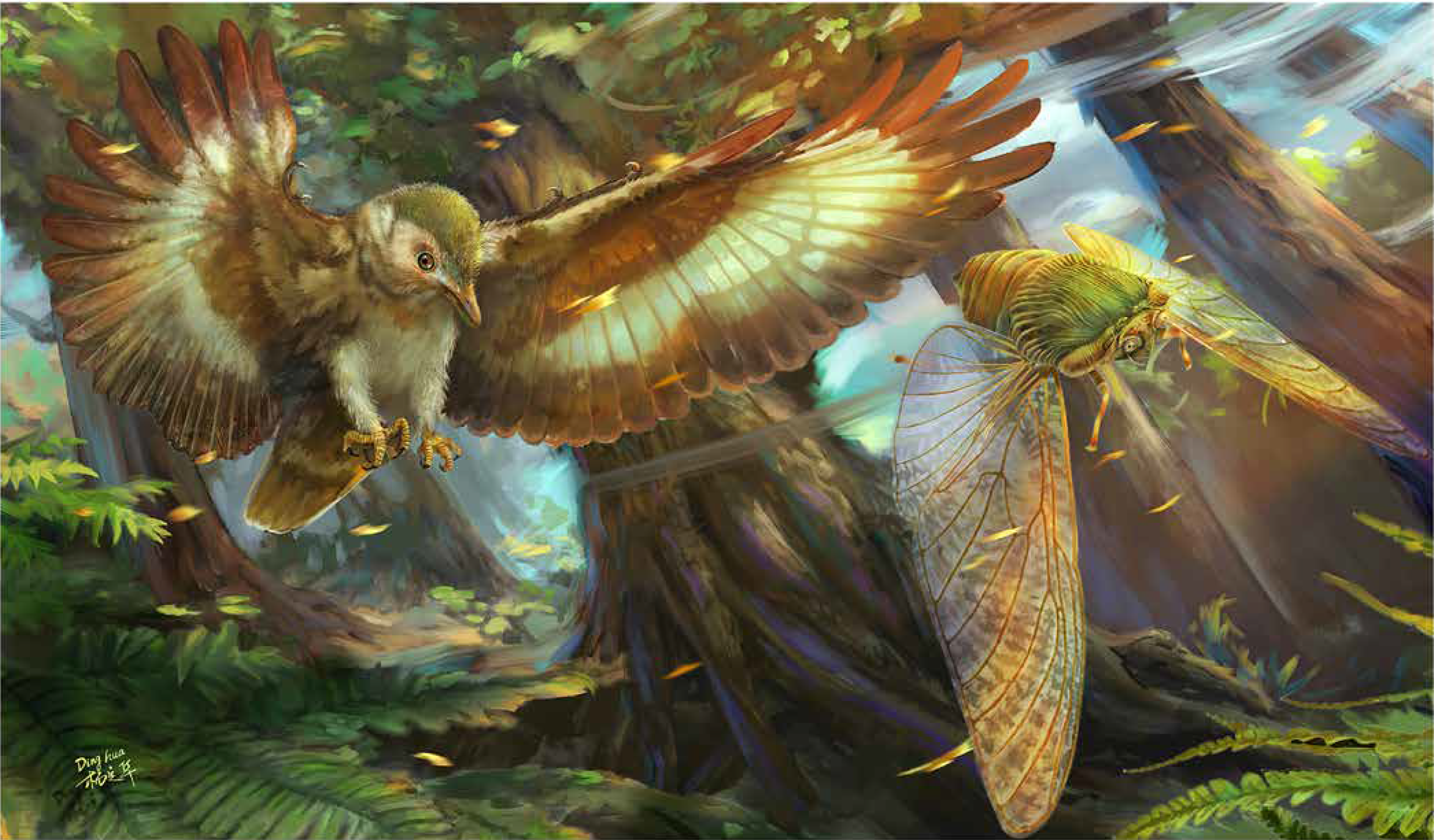 An illustration of a bird flying after a giant cicada