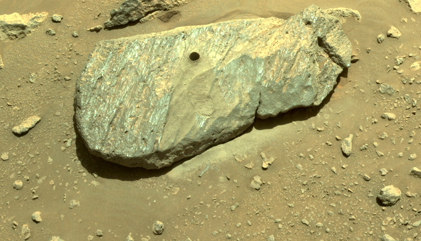 The Martian boulder &ldquo;Rochette&rdquo; now has a perfect drill-hole imprinted in its ancient side.