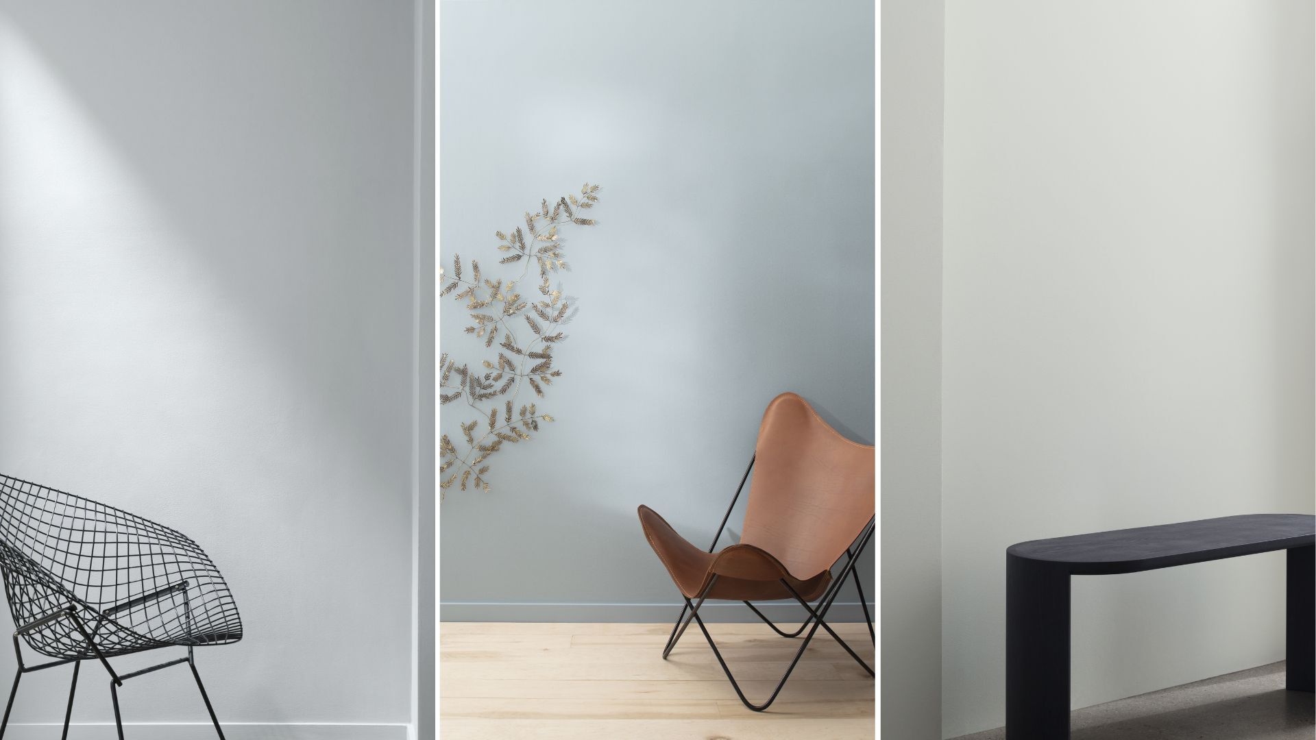 Three rooms with each wall painted in a blue/gray paint
