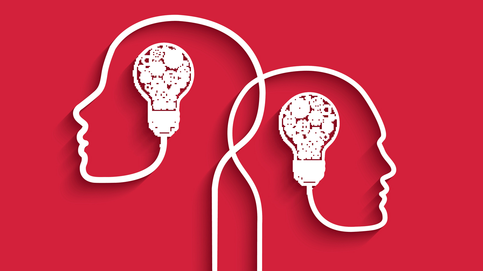 Human heads with light bulbs and gears on red background