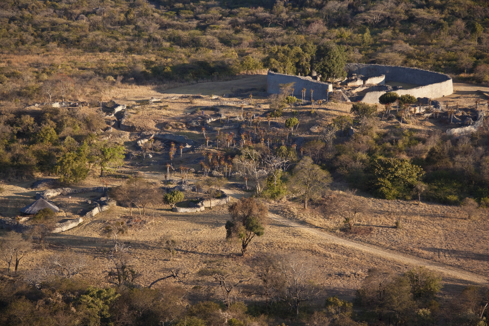 A view of a portion of Great Zimbabwe from a nearby hill.