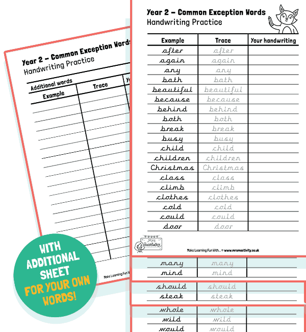 Year 2 Common Exception Words Handwriting Practice Sheets