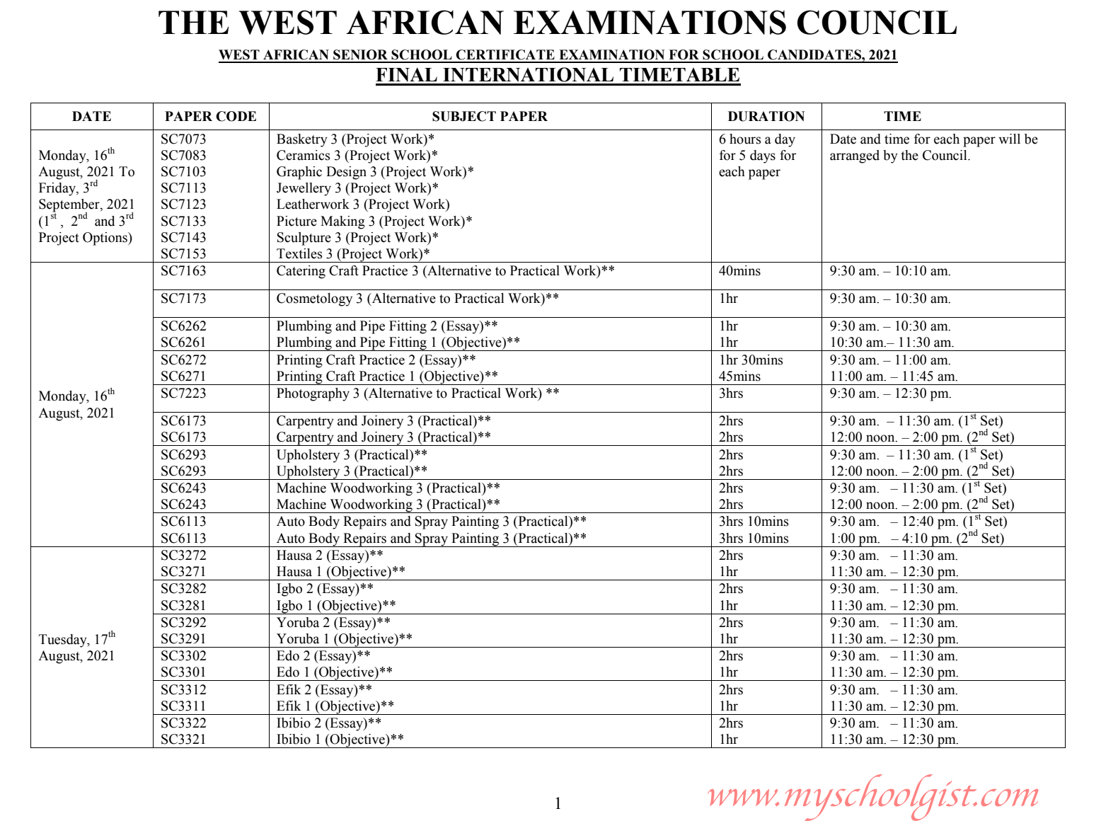 WAEC Timetable for School Candidates 2021