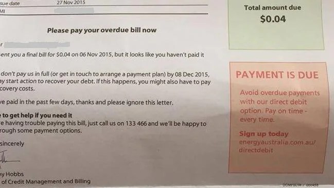 Energy Australia sends overdue notice for 4c bill, but system won’t