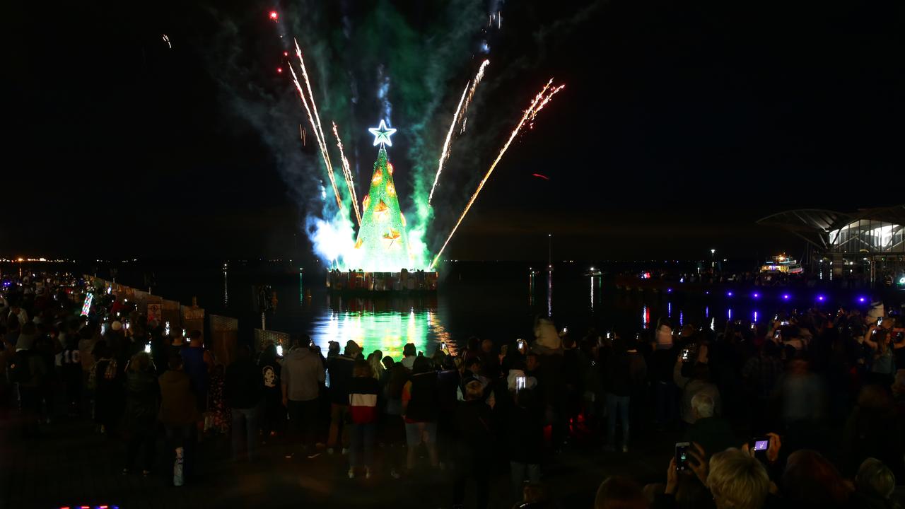 Christmas In July Geelong 2023 Geelong floating Christmas tree lights up in front of huge crowd