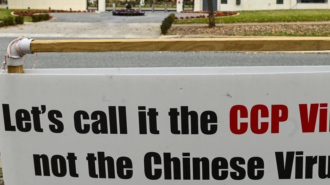 ‘CCP’ coronavirus sign appears outside Chinese Embassy in Canberra