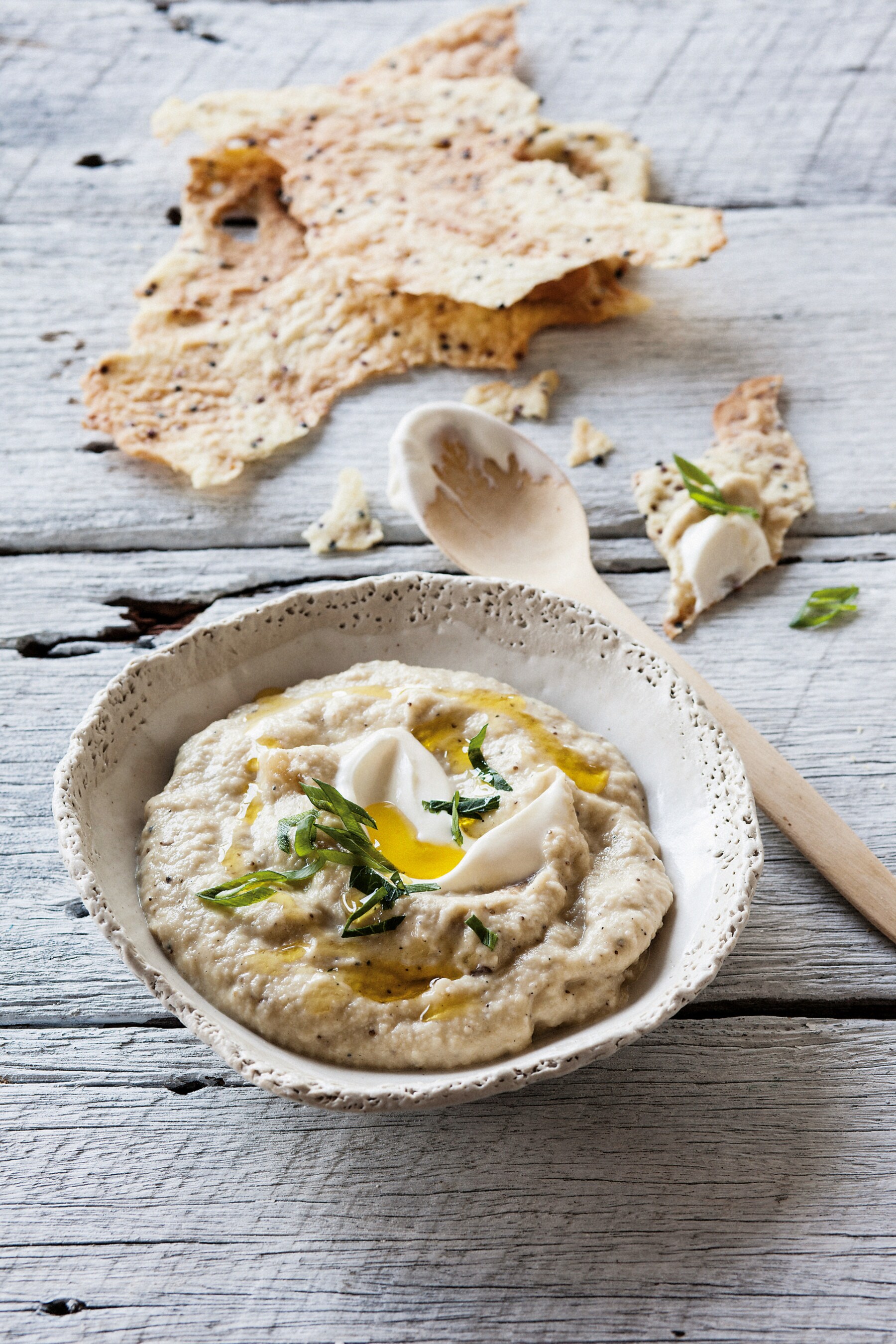 Recipe charred eggplant dip with olive oil quinoa crackers Vogue