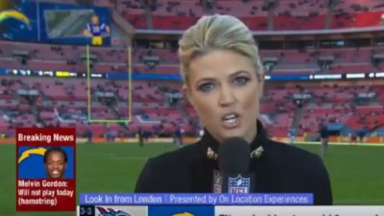 Melissa Stark football Reporter continues live cross after ball hits