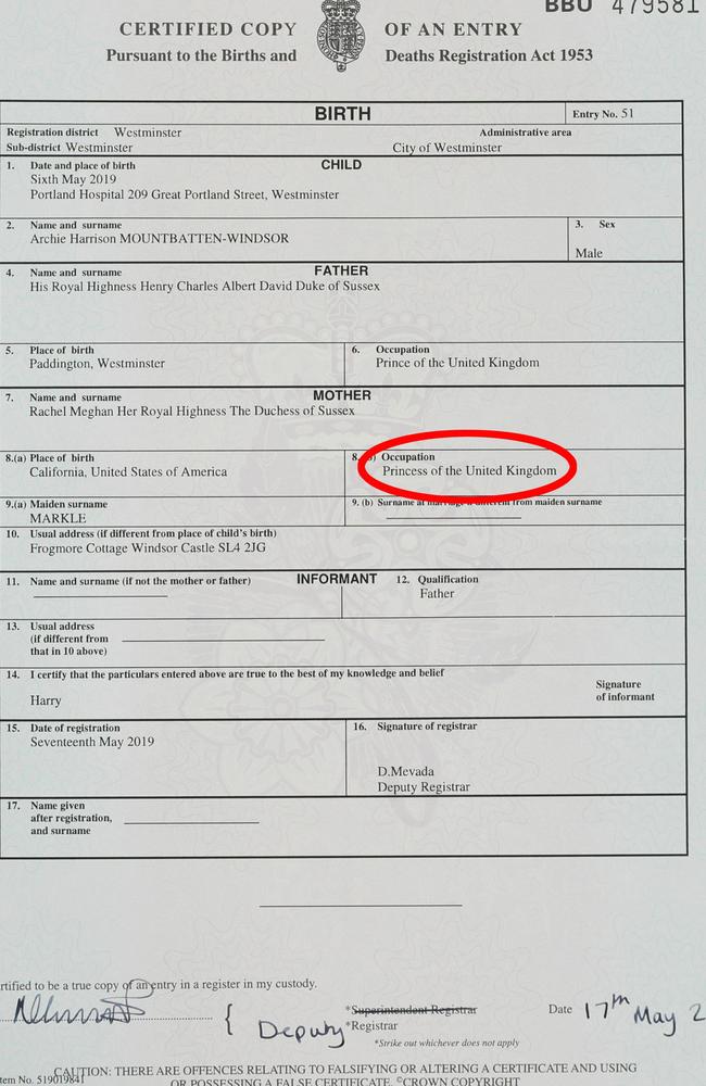 Meghan Markle title Detail on Archie’s birth certificate could mean