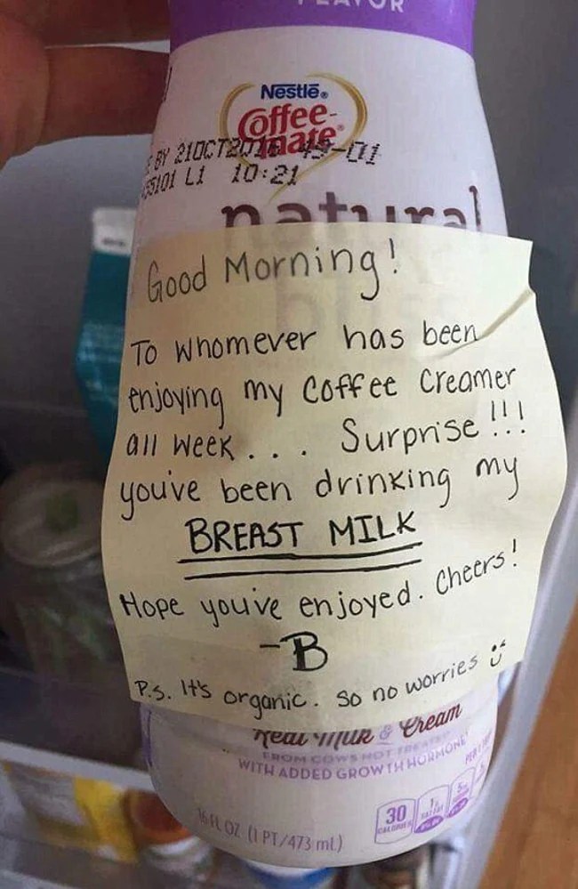 ‘You’ve been drinking my breast milk’ Office food thief gets owned by