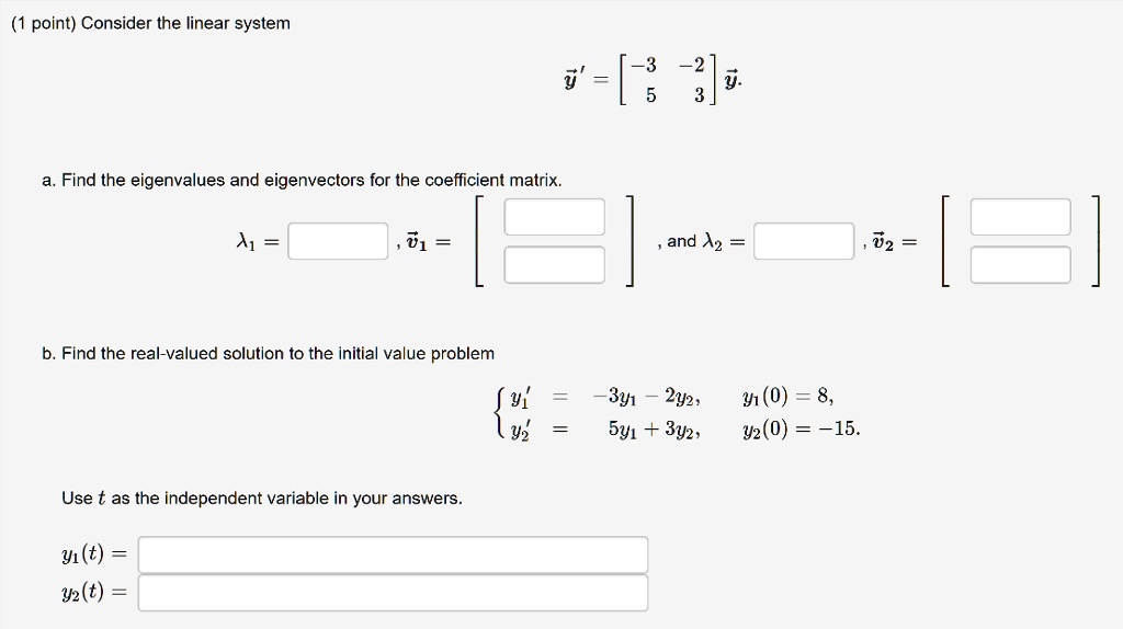 SOLVED point) Consider the linear system 3 2 3' = ` y Find the eigenvalues and eigenvectors