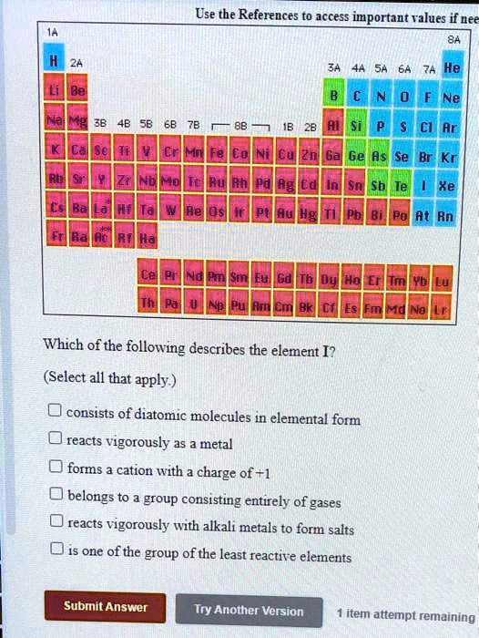 Solved: Use The References To Access Important Ralues If Dee He Ne Ge Xe Which Of The Following Describes The Element I? (Select All That Apply ) Consists Of Diatomic Molecules In