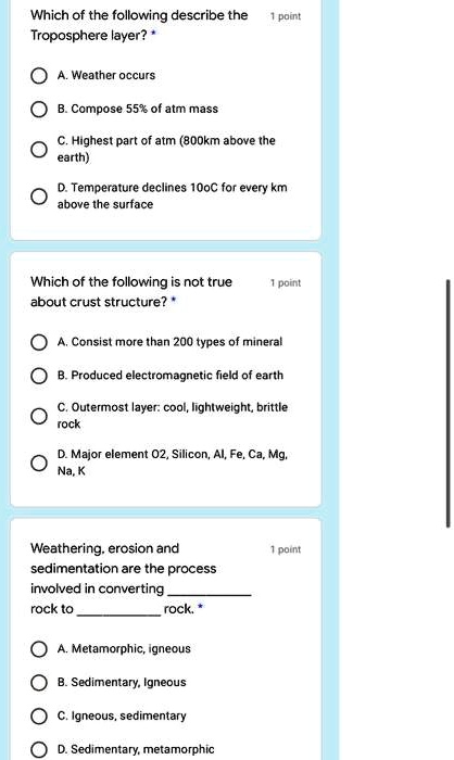 Solved: Which Of The Following Describe The Troposphere Layer? Point Weather Occurs Compose 55% Of Atm Mass Highest Part Of Atm (80Km Above (He Earth) Temperature Declines Iooc For Every Km Above