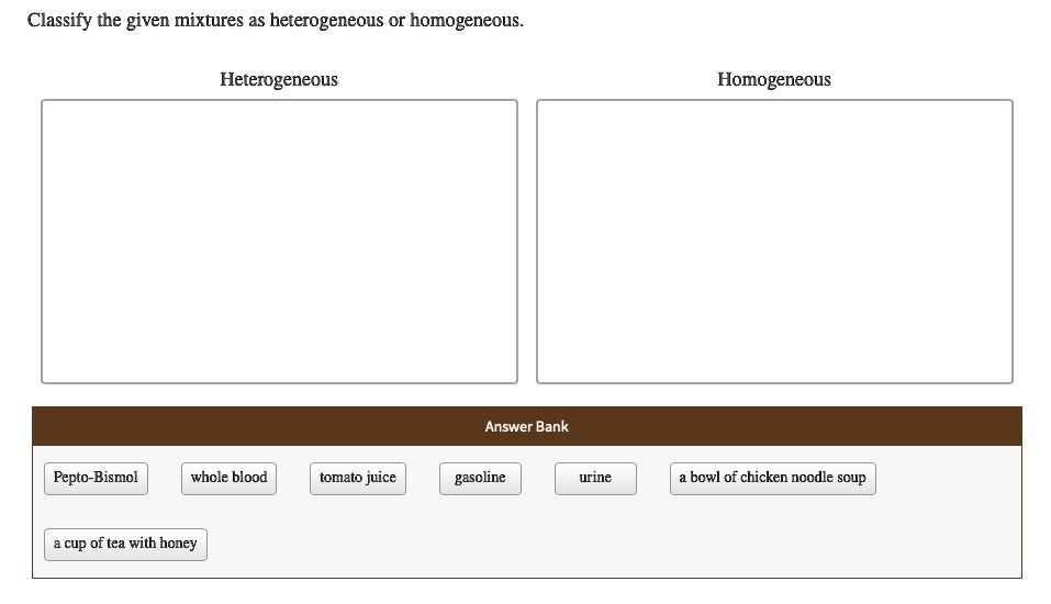 SOLVED Classify the given mixtures as heterogeneous or homogeneous