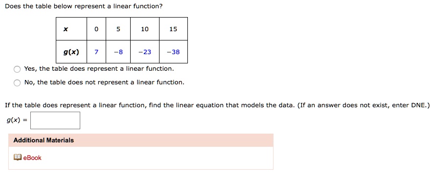 Solved: Does The Table Below Represent Linear Function? G(X) Yes The Table Does Represent Linear Function; No, The Table Does Not Represent Linear Function If The Table Does Represent Linear Function, Find