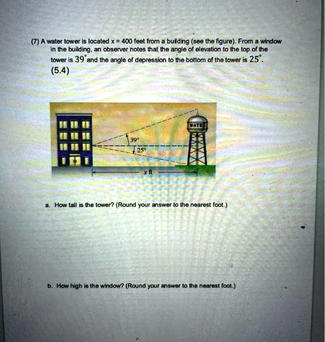 A water tower is located x = 400 feet from the building (see the figure