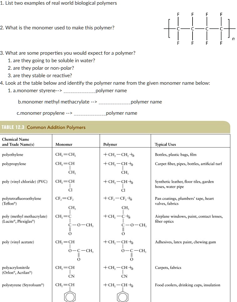 SOLVED 1. List two examples of realworld biological polymers. 2. What