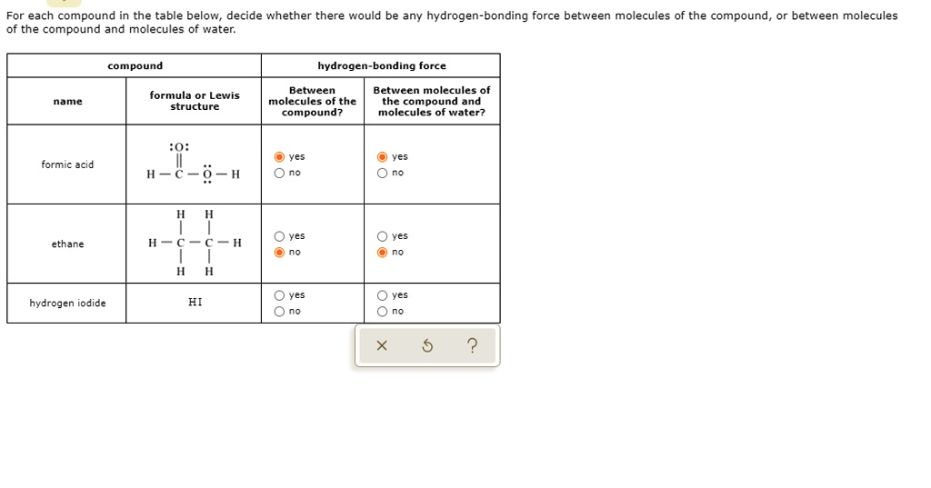 Solved: For Each Compound In The Table Below, Decide Whether There Would Be Any Hydrogen-Bonding Force Between Molecules Of The Compound Or Between Molecules Of The Compound And Molecules Of Water Compound