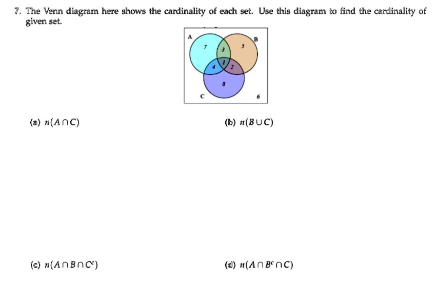7 the venn diagram here shows the cardinality of each set use this
