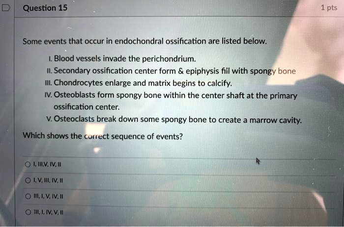 Solved: Question 15 1 Pts Some Events That Occur In Endochondral Ossification Are Listed Below: Blood Vessels Invade The Perichondrium: Secondary Ossification Center Form Epiphysis Fiil With Spongy Bone Chondrocytes Enlarge And