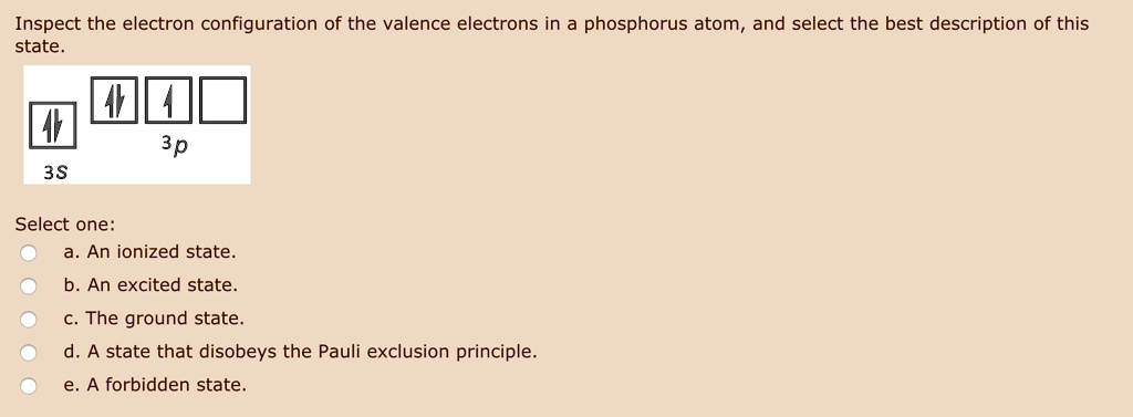 Solved: Inspect The Electron Configuration Of The Valence Electrons In Phosphorus Atom, And Select The Best Description Of This State. 3P 35 Select One: An Ionized State B. An Excited State The