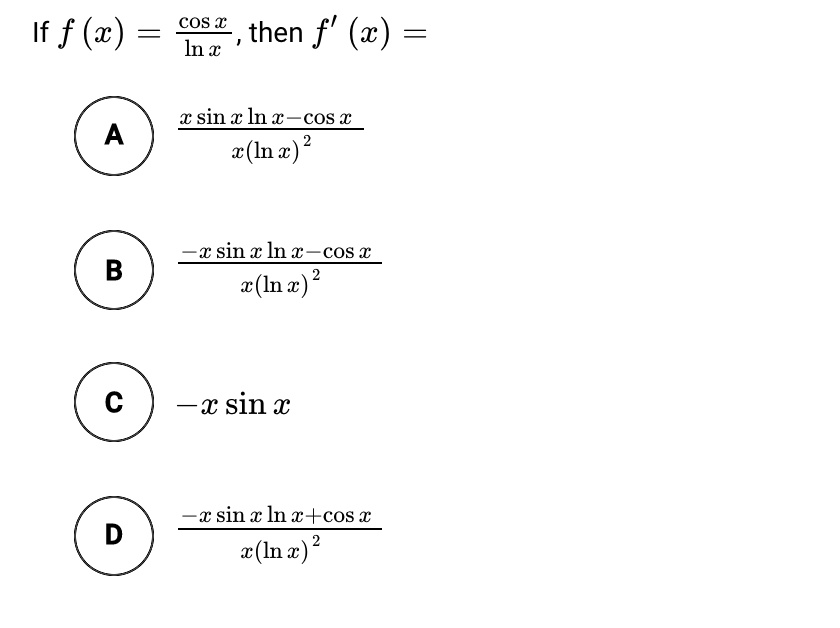 SOLVED = cos x if f'(x) then f'(x) = ln x x sin x ln â‚¬ cos x c(ln z