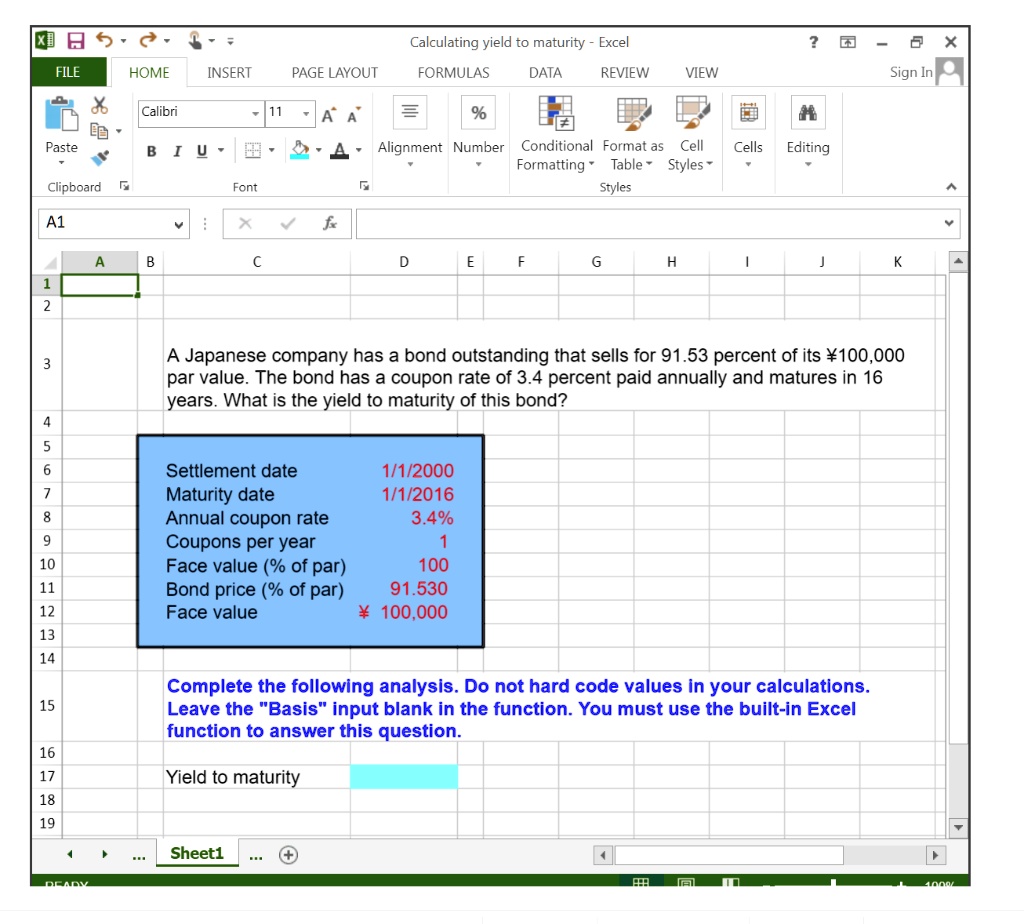 SOLVED 860 FILE HOME Calculating yield to maturity Excel FORMULAS DATA