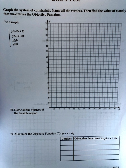 Solved: Graph The System Of Constraints. Name All The Vertices. Then Find The Value Of X And That Maximizes The Objective Function. 7A.graph Ys-2I+30 Ys-I+20 X20 Y20 7B.name All The Vertices Of
