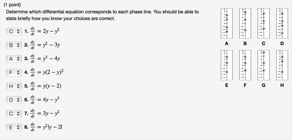 Solved: Point) Determine Which Differential Equation Corresponds To Each Phase Line. You Should Be Able To State Briefly How You Know Your Choices Are Correct: D = 2Y-Y D =Y - 3Y