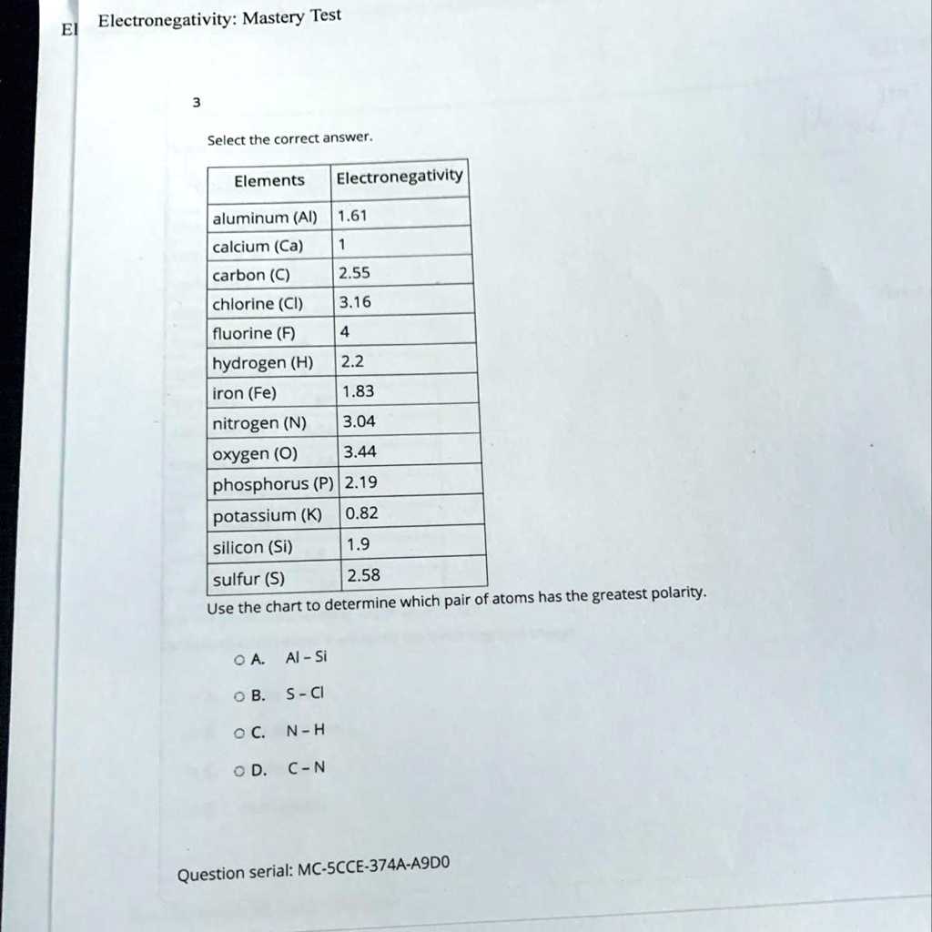 SOLVED Use the chart to determine which pair of atoms has the greatest