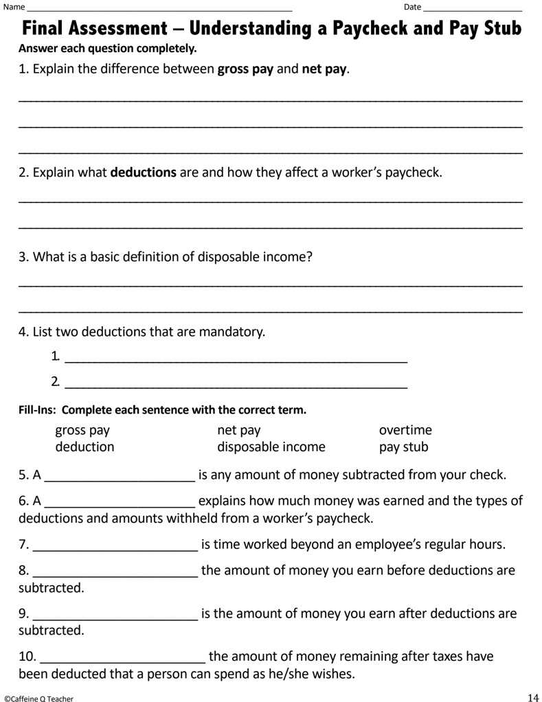 SOLVED: Understanding Paychecks Pay Stubs Name Date Final Assessment