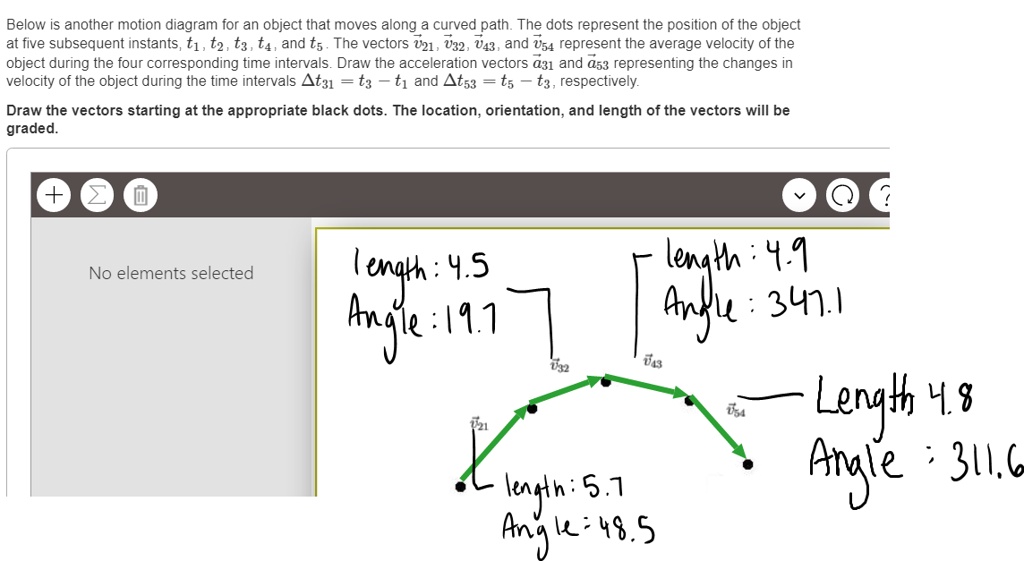 Below is another motion diagram for an object that moves along a curved