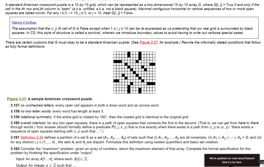 SOLVED A standard American crossword puzzle is a 15by15 grid, which can be represented as a