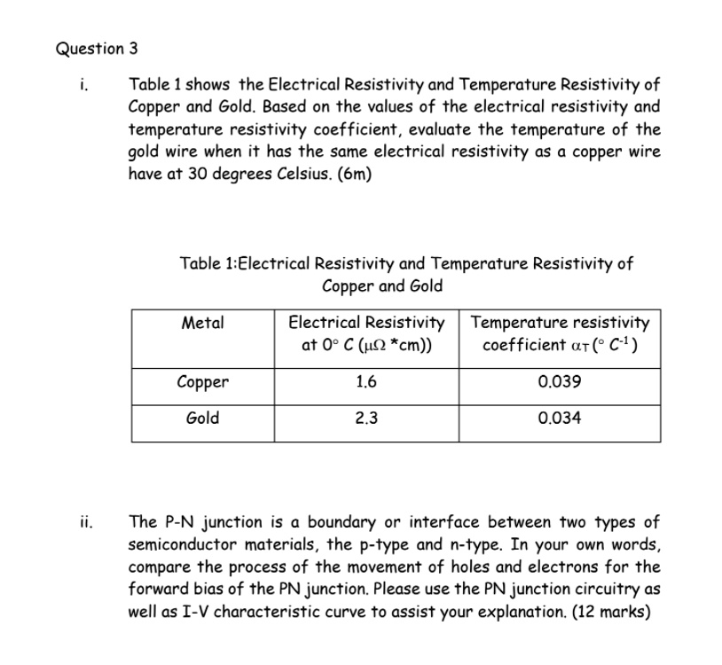 Question 3 Table 1 shows the Electrical Resistivity and Temperature