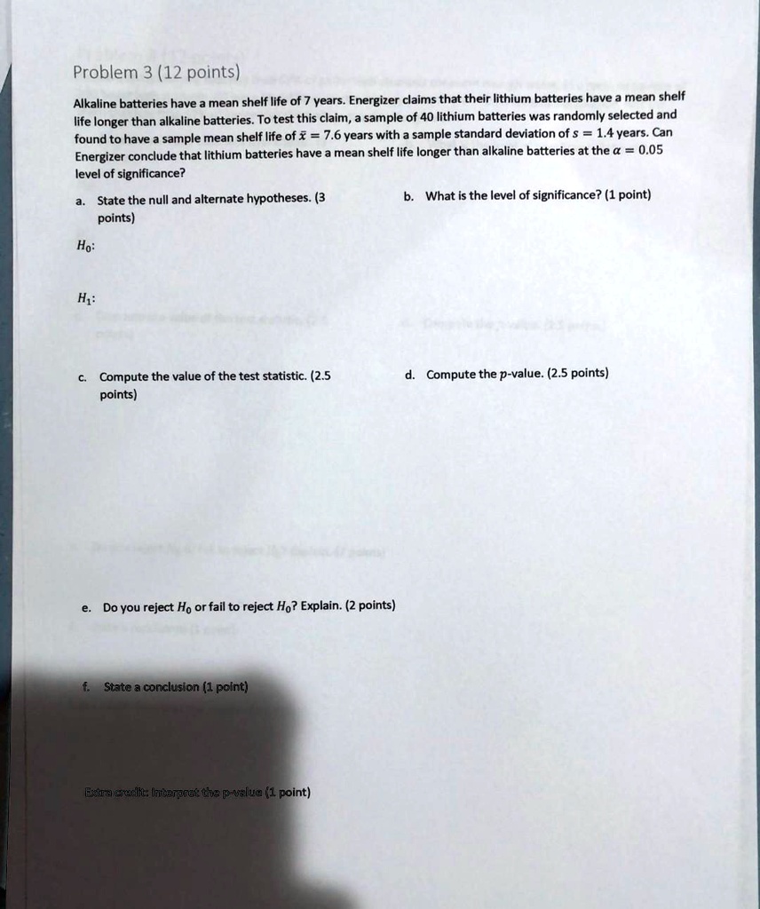 SOLVED Problem 3 (12 points) Mean Shelf Life of Batteries Energizer