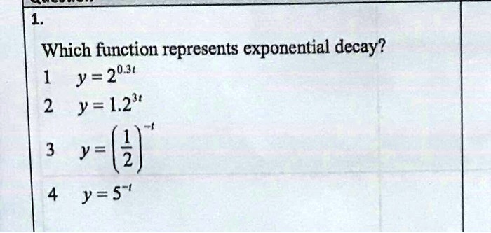 Solved: Which Function Represents Exponential Decay? Y =2031 2 Y =1.2" 3 Y-(%) Y =5"'