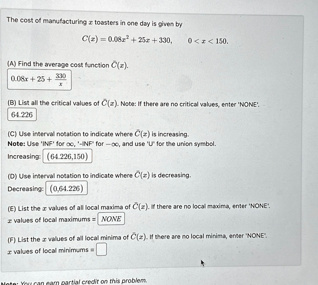 SOLVED The cost of manufacturing x toasters in one day is given by C(x
