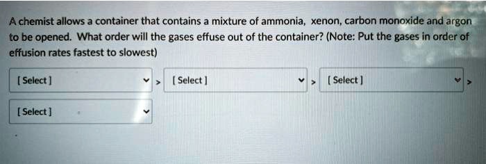 Solved: Achemist Allows Container That Contains A Mixture Of Ammonia Xenon, Carbon Monoxide And Argon Be Opened. What Order Will The Gases Effuse Out Of The Container? (Note: Put The Gases In