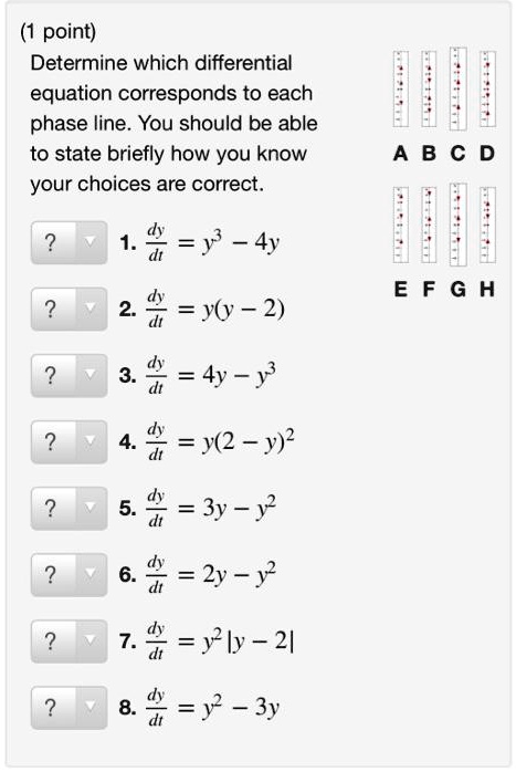 Solved: Point) Determine Which Differential Equation Corresponds To Each Phase Line. You Should Be Able To State Briefly How You Know Your Choices Are Correct. A B C D 1. D =Y