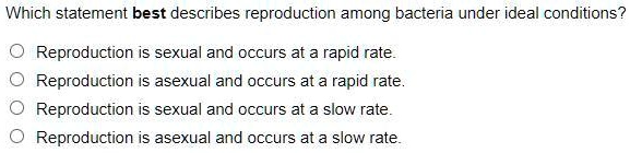 Solved: 'Which Statement Best Describes Reproduction Among Bacteria Under Ideal Conditions? Which Statement Best Describes Reproduction Among Bacteria Under Ideal Conditions Reproduction Is Sexual And Occurs At A Rapid Rate. Reproduction Is