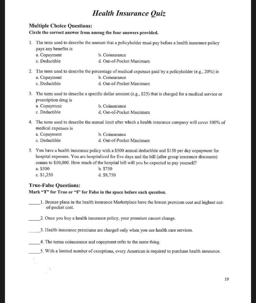 SOLVED Health Insurance Quiz Multiple Choice Questions Circle the