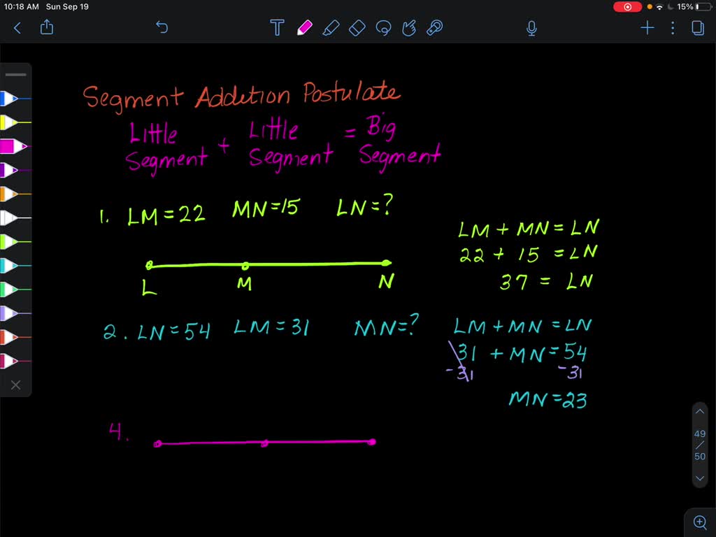 Solved: Unit 1: Geometry Basics Homework 2: Segment Addition Postulate Age Document! ** 1. If Lm= 22 And Mn = 15, Find Ln. 2. If Ln = 54 And Lm = 31, Find Mn. 4. If Df = 9X - 39, Find Ef. 47 3X + 10
