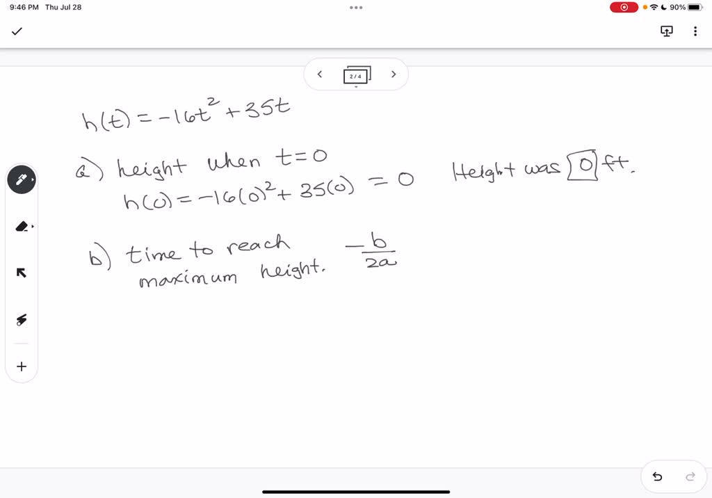 Solved: A Football Is Kicked Into The Air, And Its Height (H) In Feet After T Seconds Is Given By H(T)=-16T^2+35T. A) What Was The Height Of The Football When It Was
